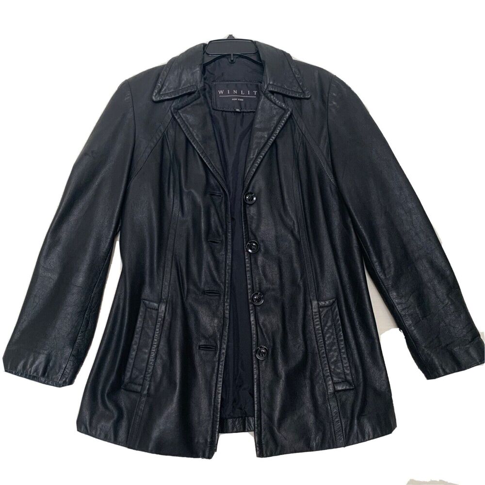 Vintage Winlit Jacket Womens Small Black Leather Tailored Fit Blazer Pockets